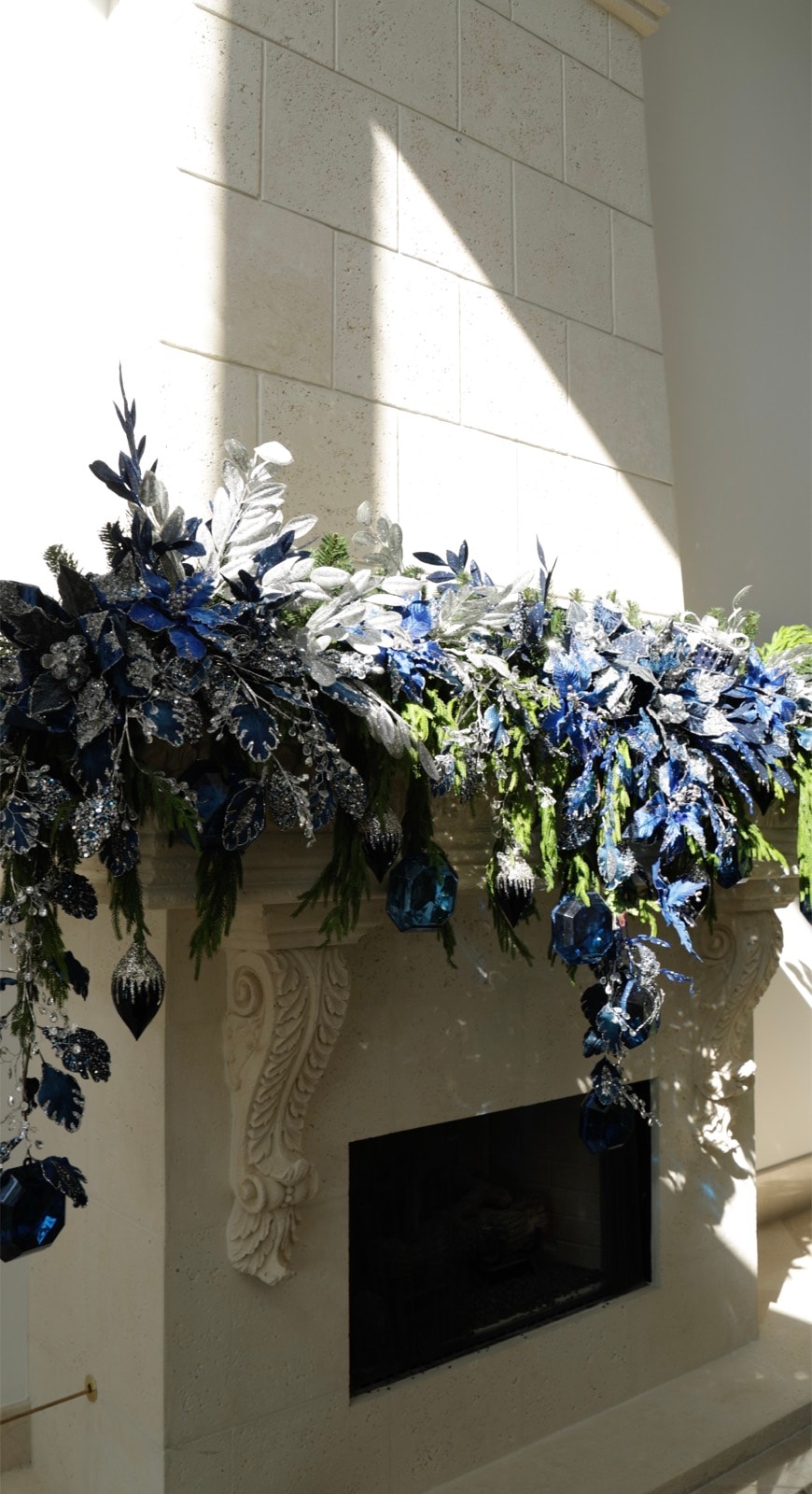 The garland, over a limestone mantel.