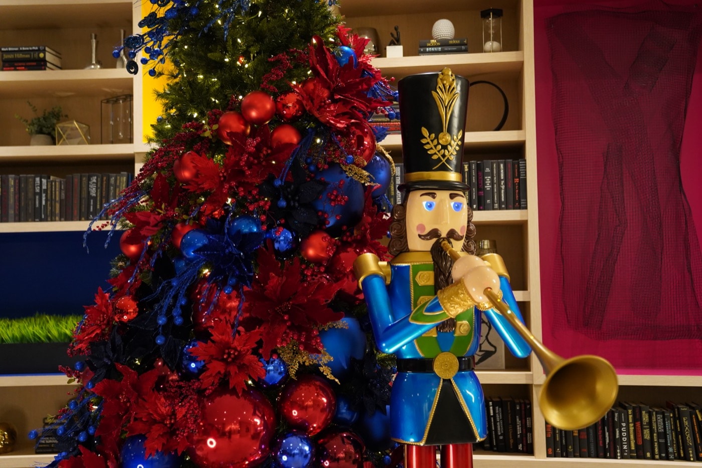 The nutcracker, at full height, with his trumpet.