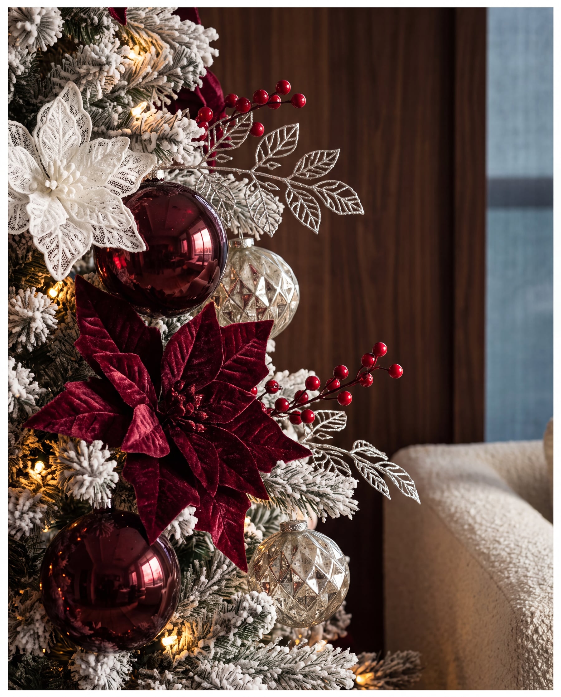 A burgundy velvet poinsettia against red glass.