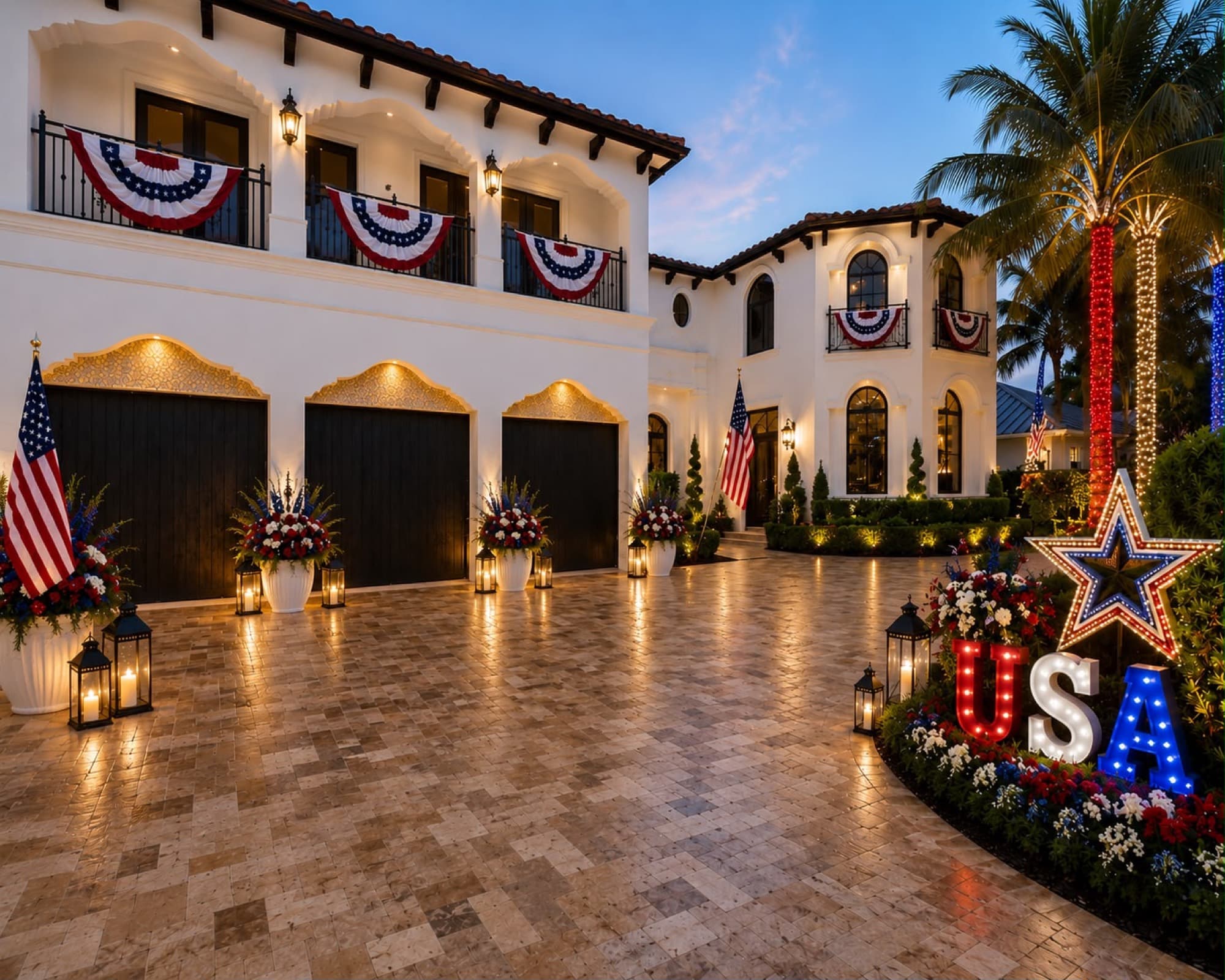 A driveway dressed for the Fourth of July, with lanterns and a lit USA star