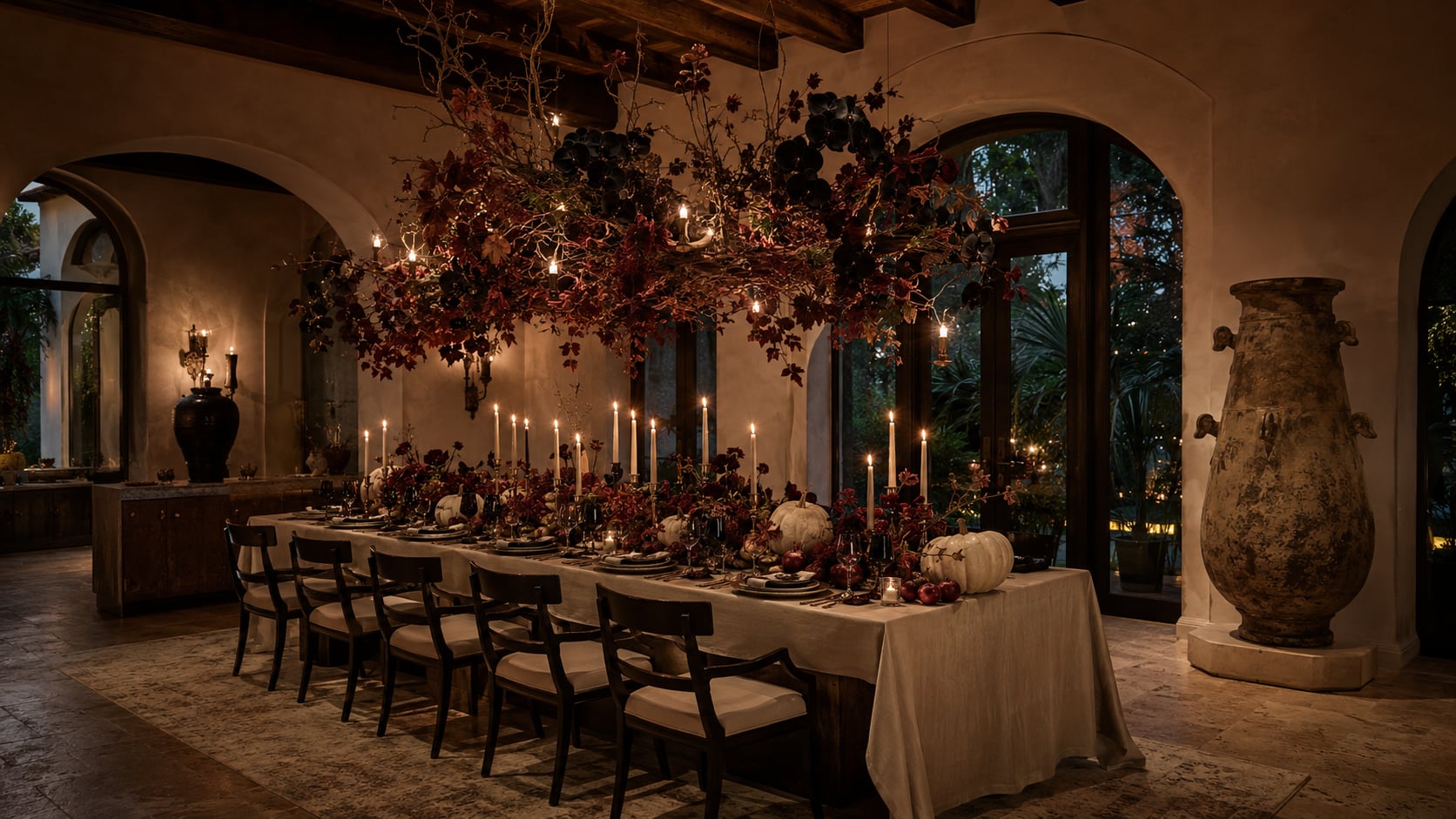 A long dining table under dark foliage and candles, set for a Halloween dinner