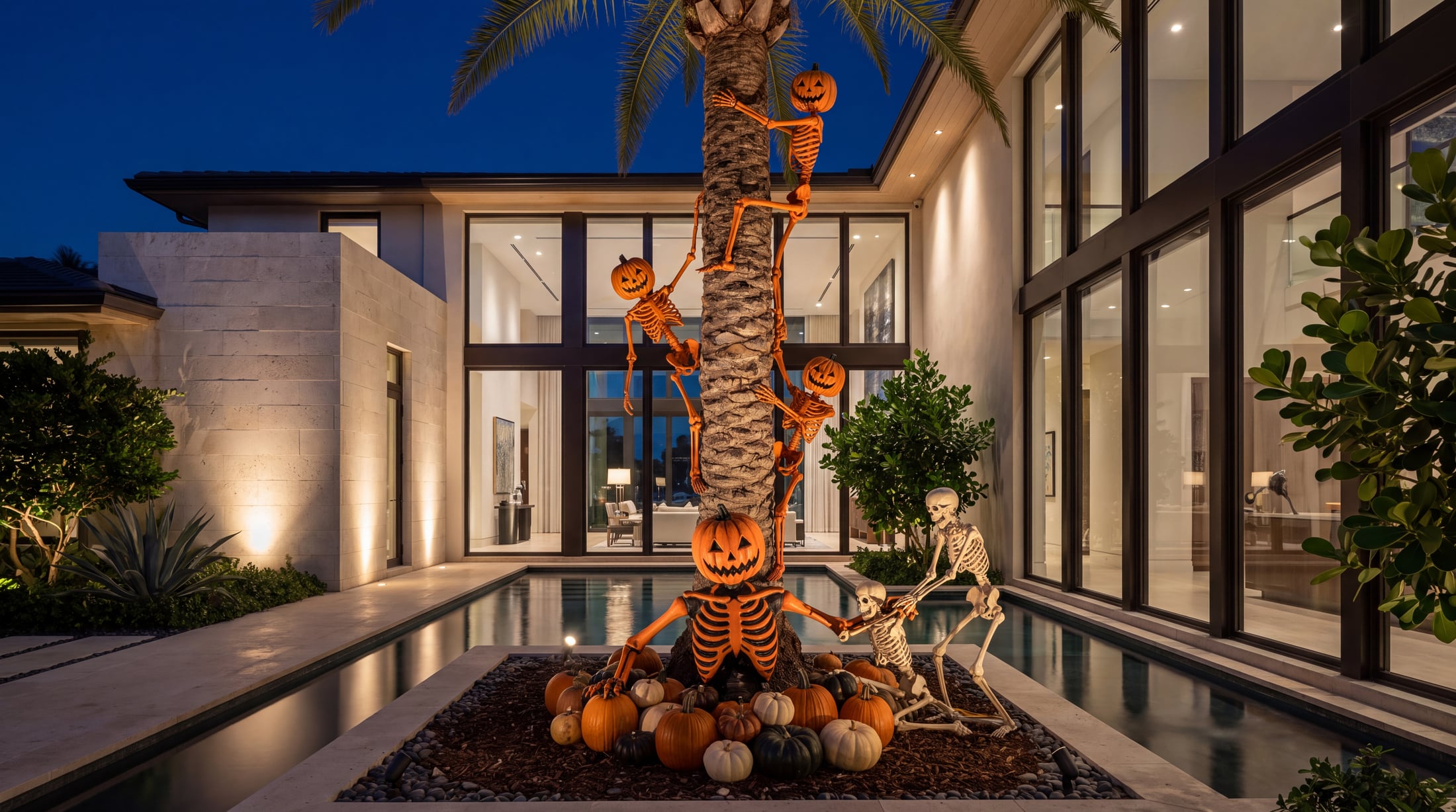 A courtyard with skeletons climbing the palms and pumpkins at their base