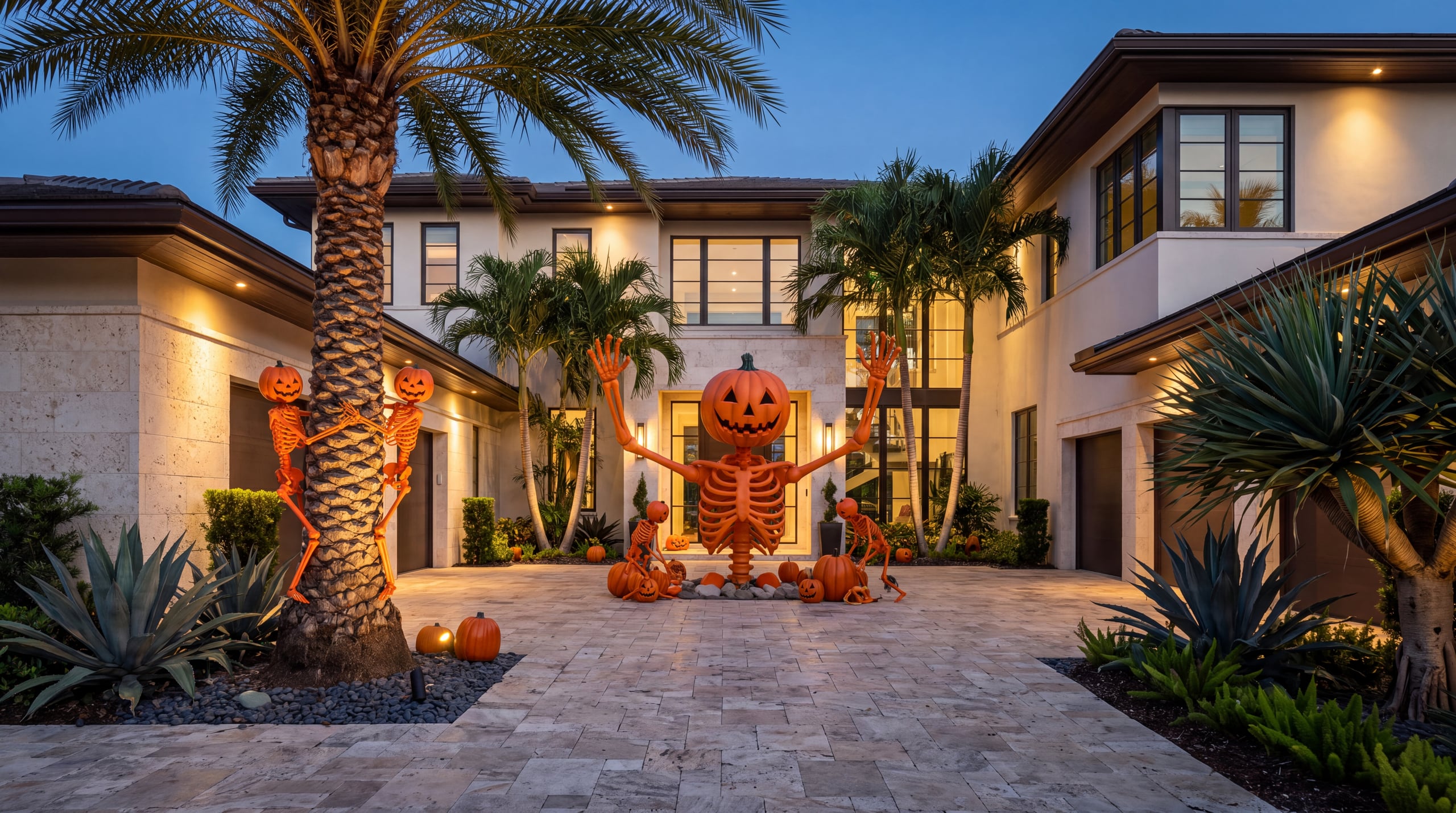 A waterfront home dressed for Halloween at dusk: lit pumpkins and skeletons across the facade