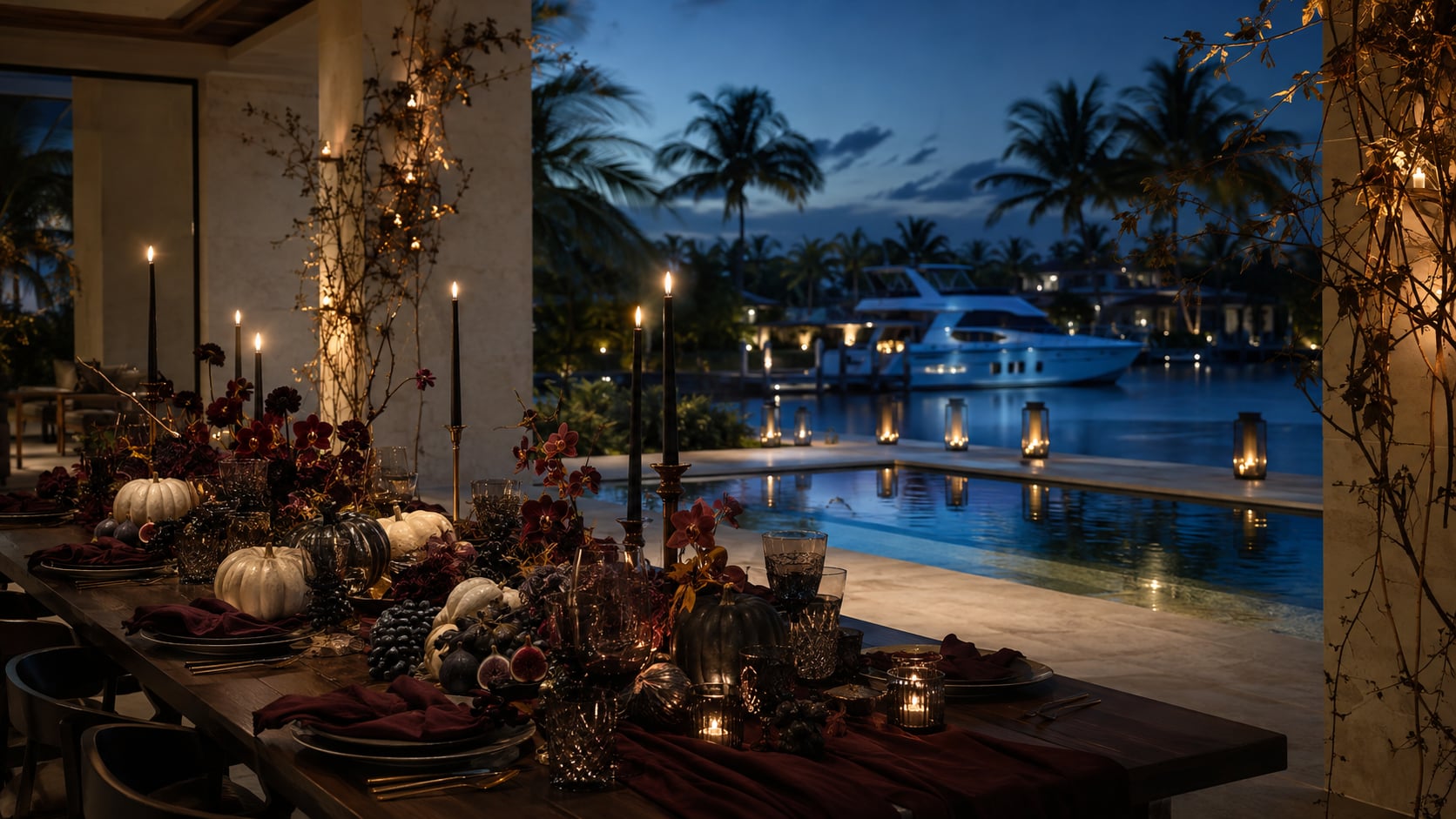 A Halloween table set outdoors by the water, candles lit at dusk