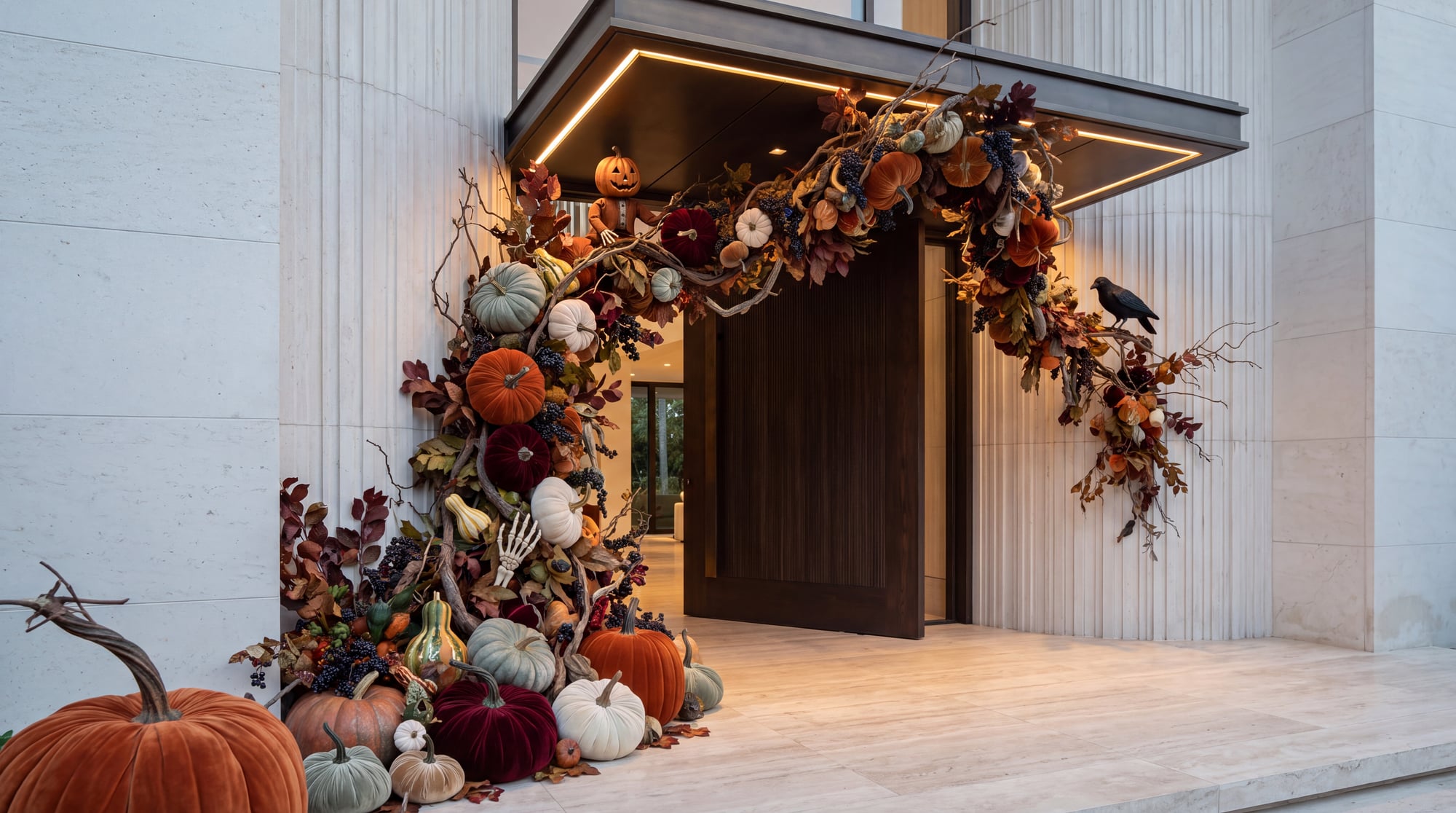 An entrance framed by a garland of pumpkins, branches and a raven