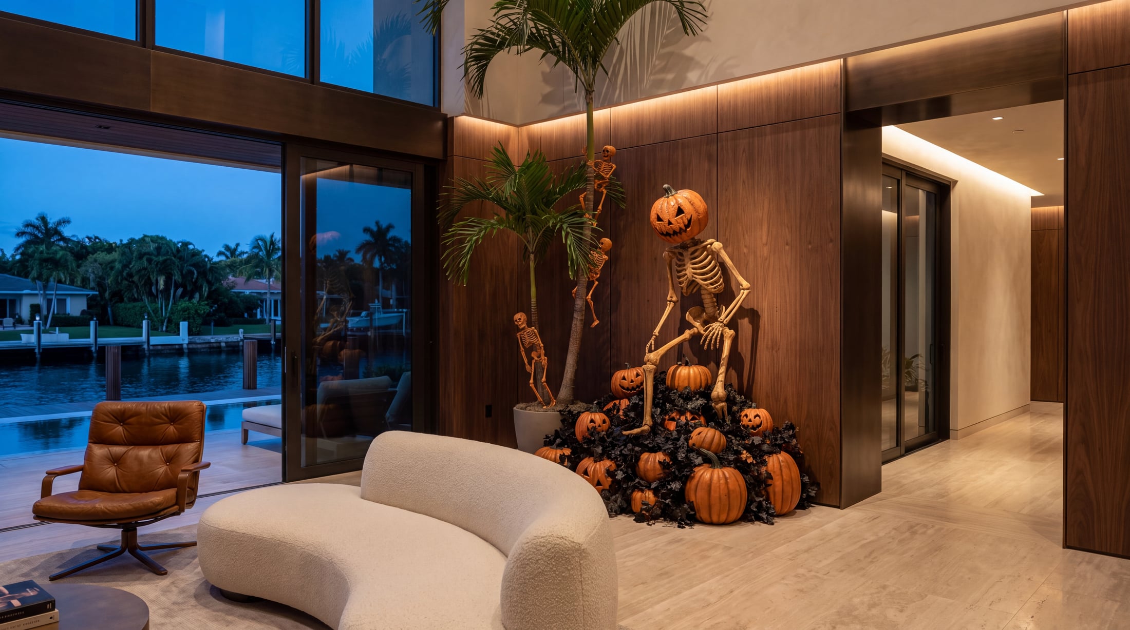 A covered terrace by the pool, staged for Halloween at night