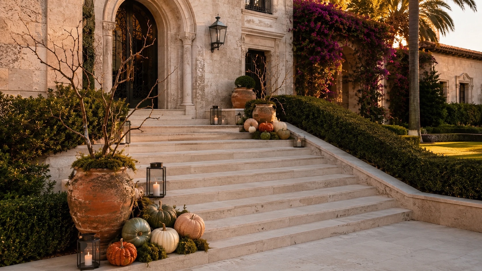 A stone staircase at golden hour, styled with heirloom pumpkins and lanterns