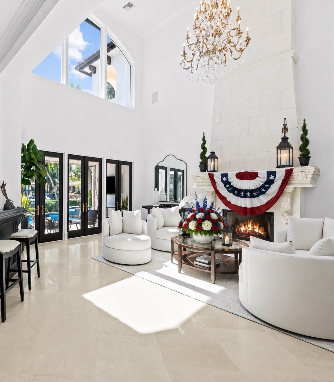 Bunting over a fireplace for the Fourth of July