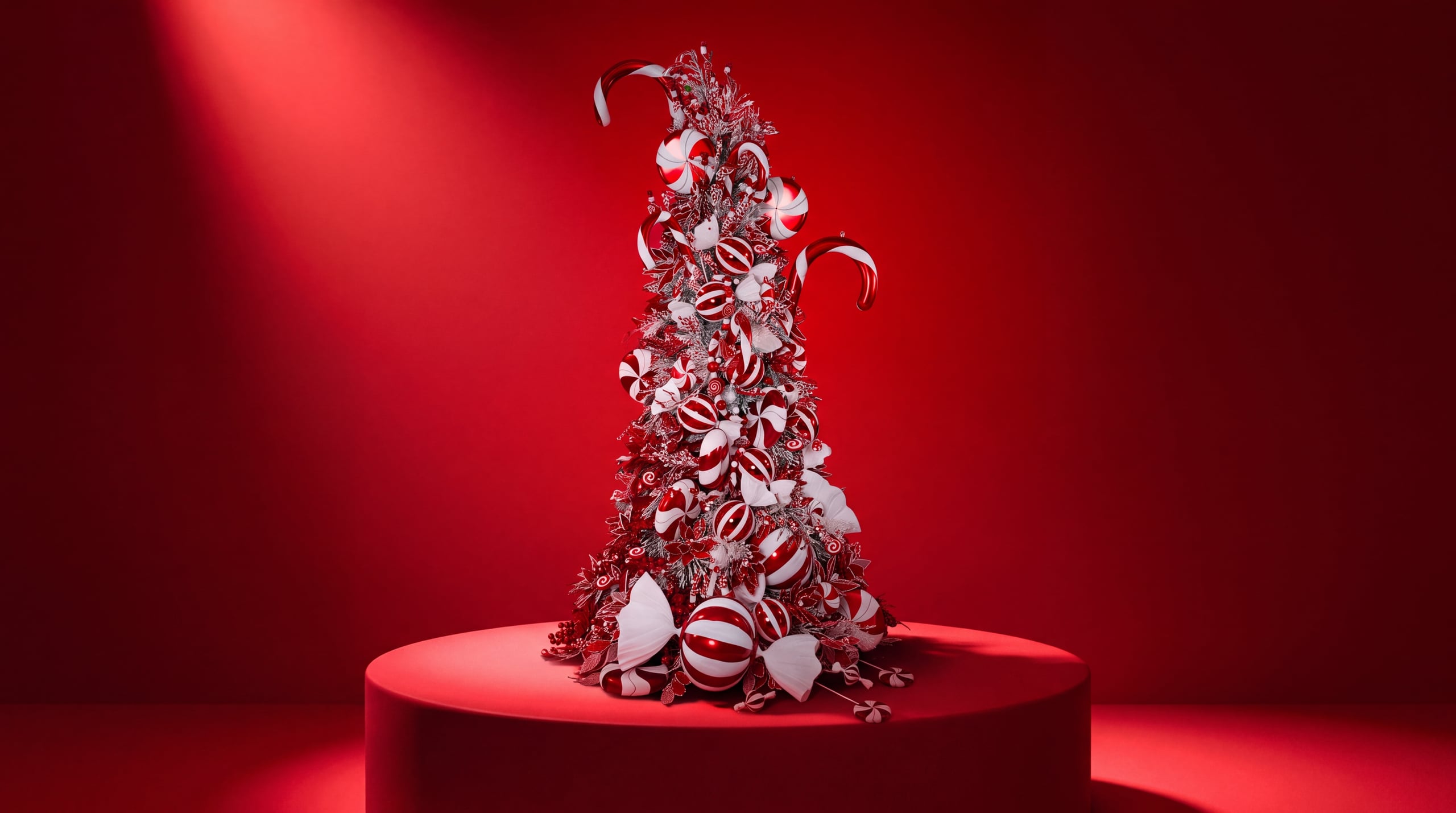 The Candy Cane Tree on a red podium in the studio