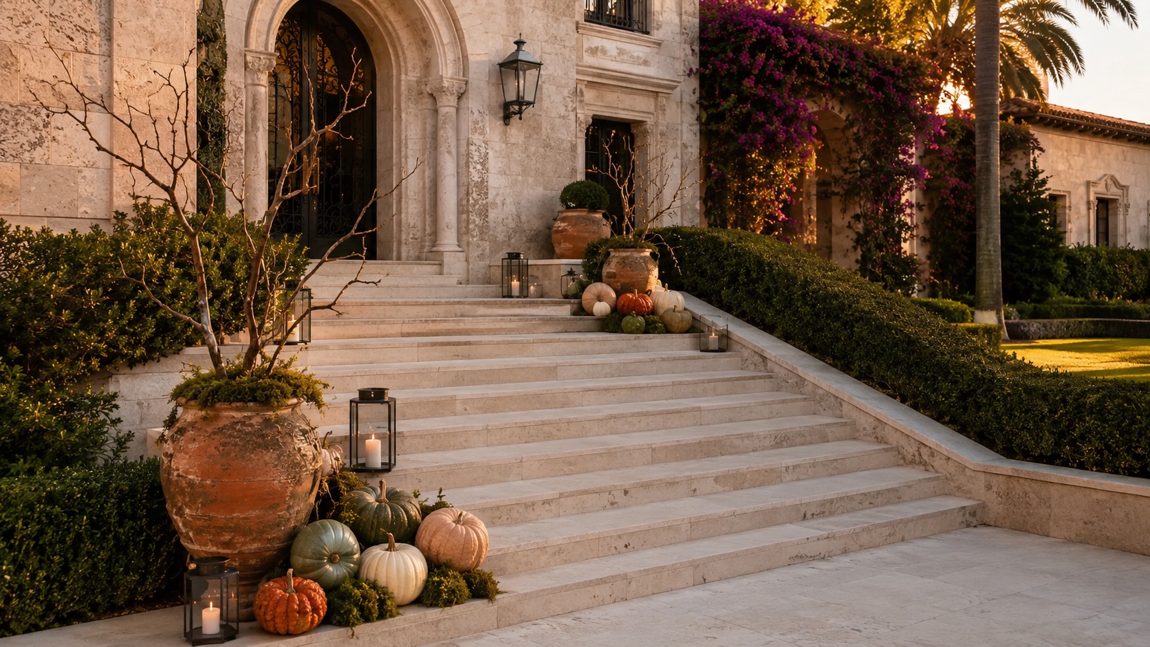 A stone staircase at golden hour, styled with heirloom pumpkins and lanterns