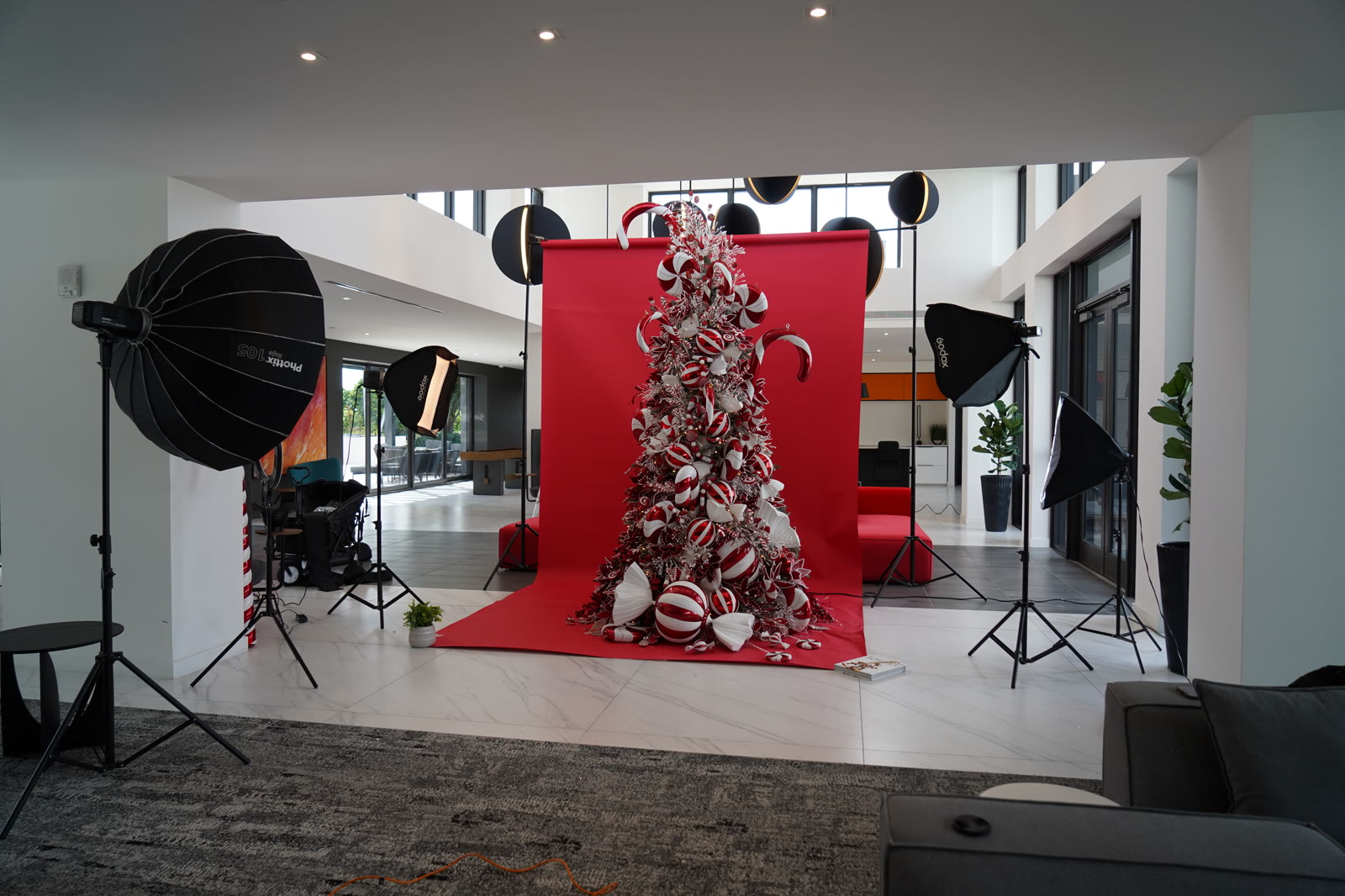 The studio set: a candy-cane tree on a red backdrop, surrounded by lights